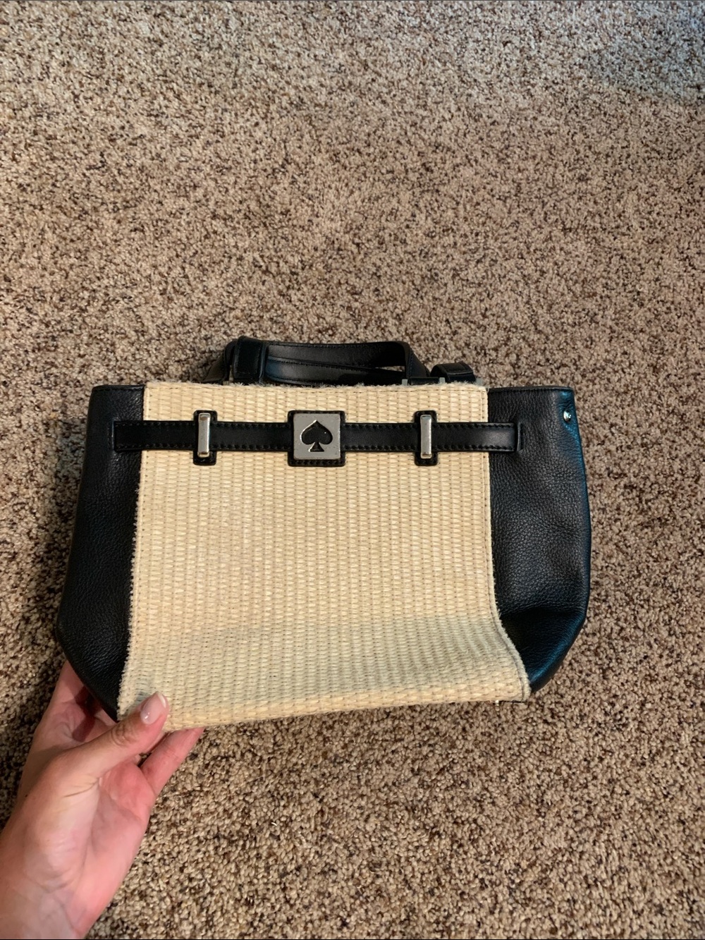 Woven Cream and Black Satchel with Spade Accent